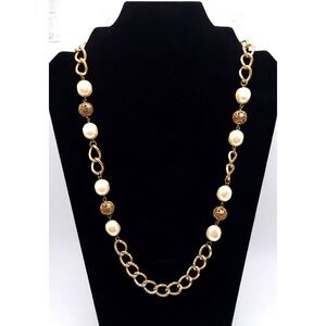 Gold Tone Faux Pearl Station Necklace Filigree Link 25in